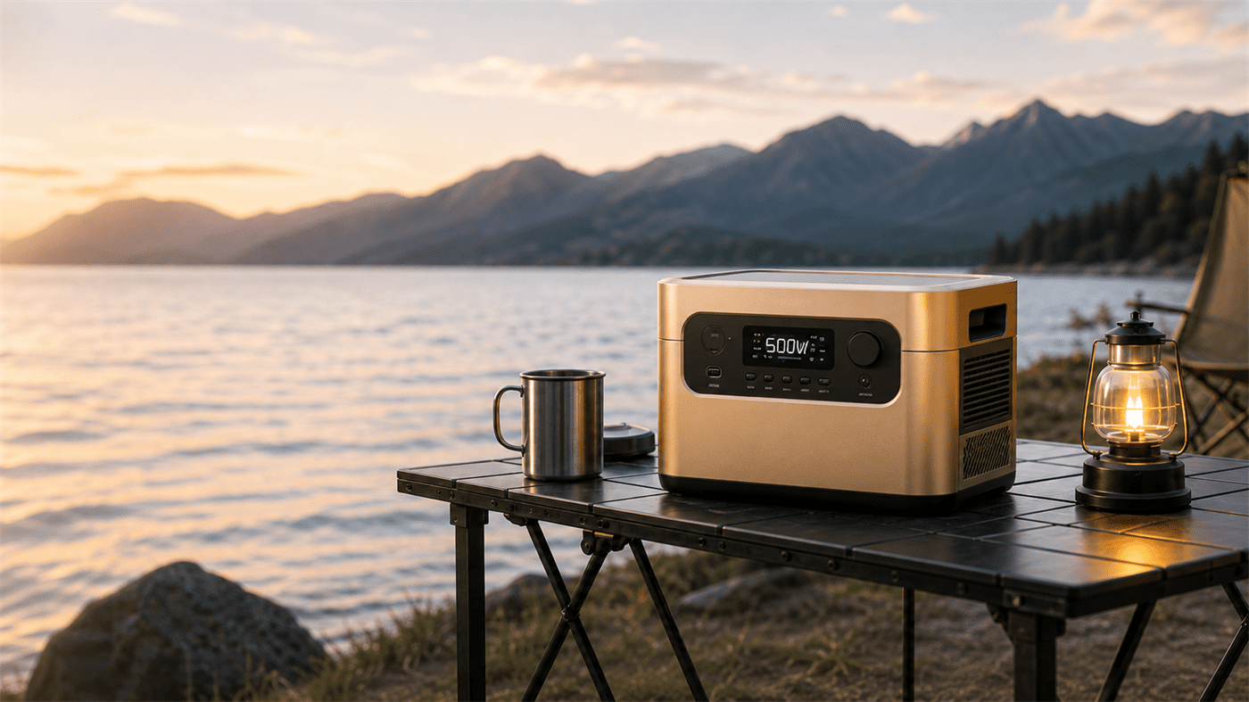 Portable power station at a refined campsite