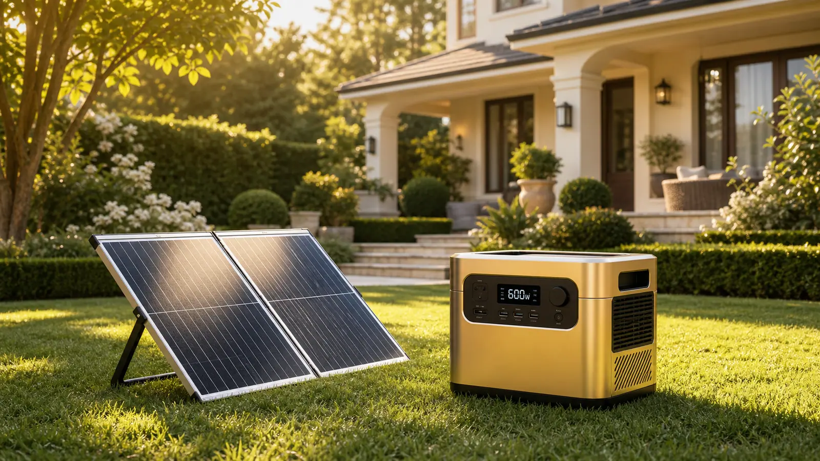 3600W portable energy station with solar panels in a garden